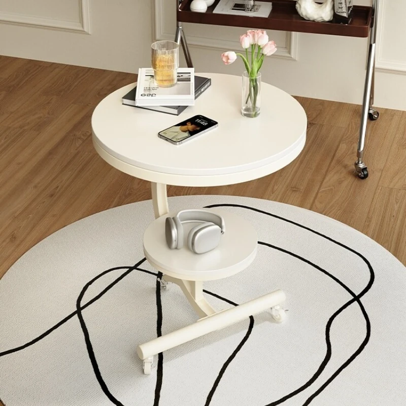 Cream Carbon Steel Side Table Mobile End Table for Living Room Easyto-clean Trolley bedroom Rolling Bedside Cabinet with Storage