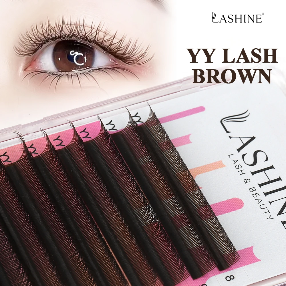 Lashine YY-Shaped Eyelash Extensions Brown 0.07mm D Curl Mix Volume Lashes W for Eyelash Professionals