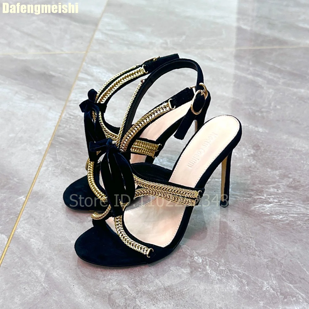 2025 Summer New Metal Chain Cross Strap Sandals Women Open Toe 8Cm/10Cm Thin Heels Gladiator Slingback Fashion Novelty Sandals