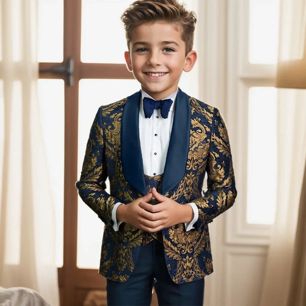 Abito da ragazzo Jacquard stampato in oro abito da 3 pezzi abito da sposa per bambini smoking formale Blazer pantaloni gilet vestito personalizzato