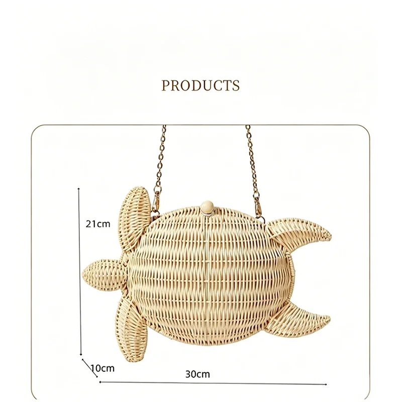 Schildkrötenförmige Rattan-Gewebte Umhängetasche mit Kettenriemen, Handgefertigte Stroh-Strandtasche, Damen Sommer-Abendtasche – Detail 11
