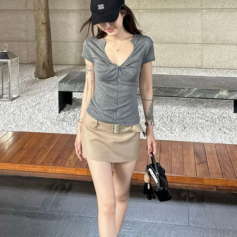 Women Grey Solid Twisted Knot V Neck T Shirt Women Summer Korean Slim Designer Short Sleeve Casual All-Match Top