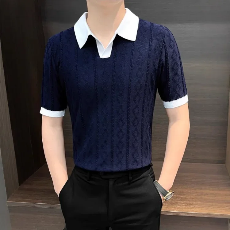 Summer New Fashion England Men's Solor-coded Casual Trendy Knitted Turn-down Collar Short Sleeve Vintage Slim Polo Shirts Male