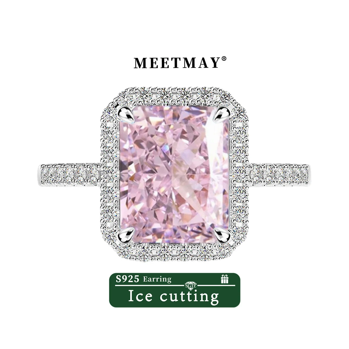 

S925 sterling silver plated platinum and golden rectangular Pink/rose pink/Yellow sparkle ice cut zircon ring for women jewelry