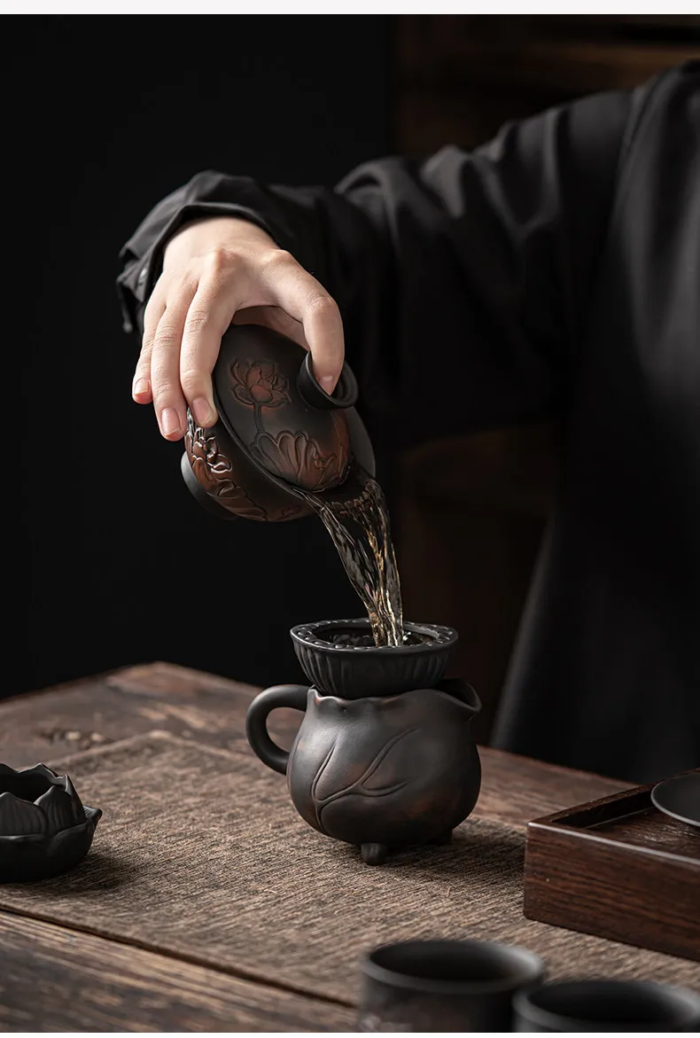Factory Direct 2026 Retro purple pottery tea set Chinese home living room teapot cup ceramic relief kung fu tea set light luxury