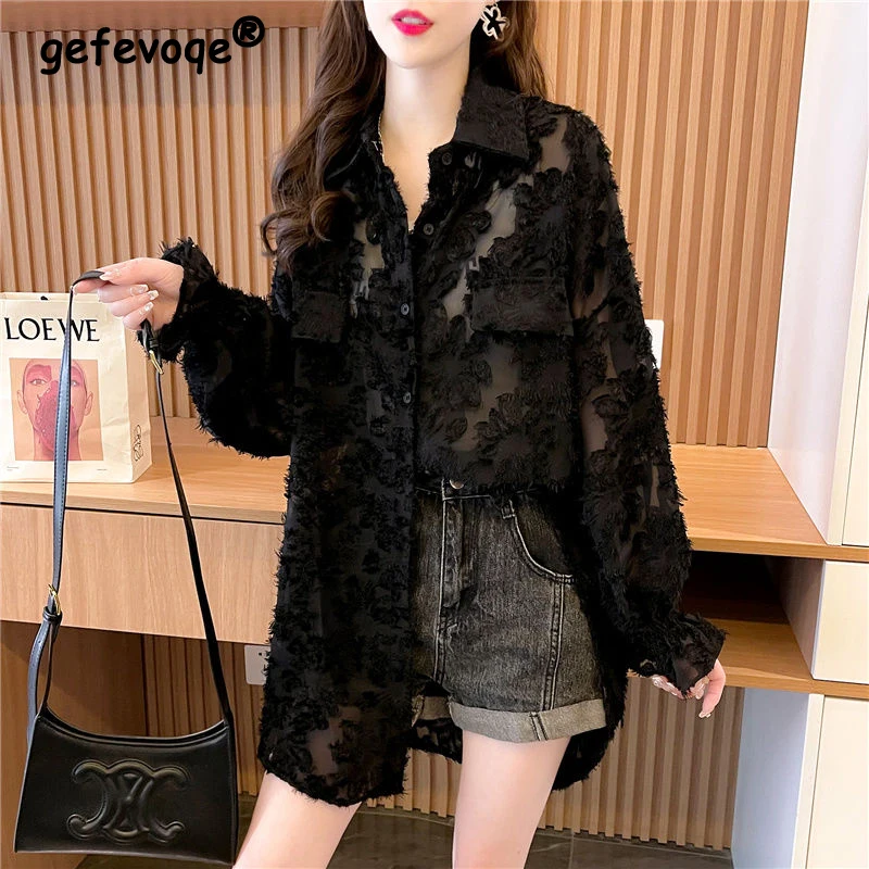 

Women's Sexy Sheer Lace Irregular Oversized Button Up Shirt Korean Fashion Long Sleeve Streetwear Blouse Solid Tunic Tops Blusas