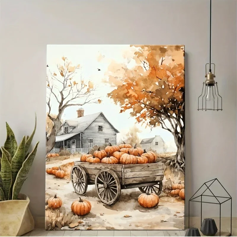 Vintage Pumpkin Wagon Poster and Prints Rustic Autumn Harvest Scene Canvas Painting Wall Art Picture for Living Room Home Decor