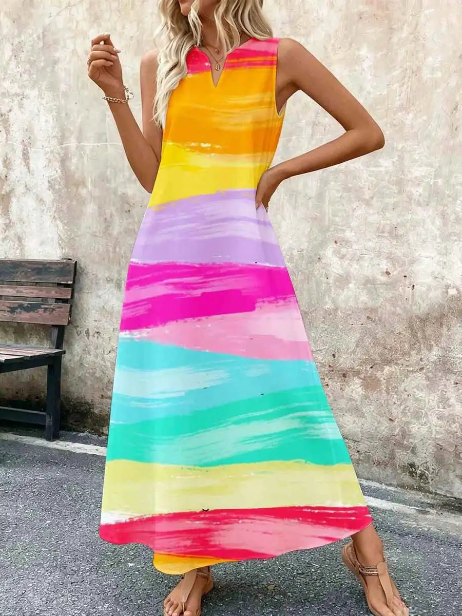 

Colorful Sleeveless Maxi Dress Rainbow Stripe Print Summer Beach Vacation Wear