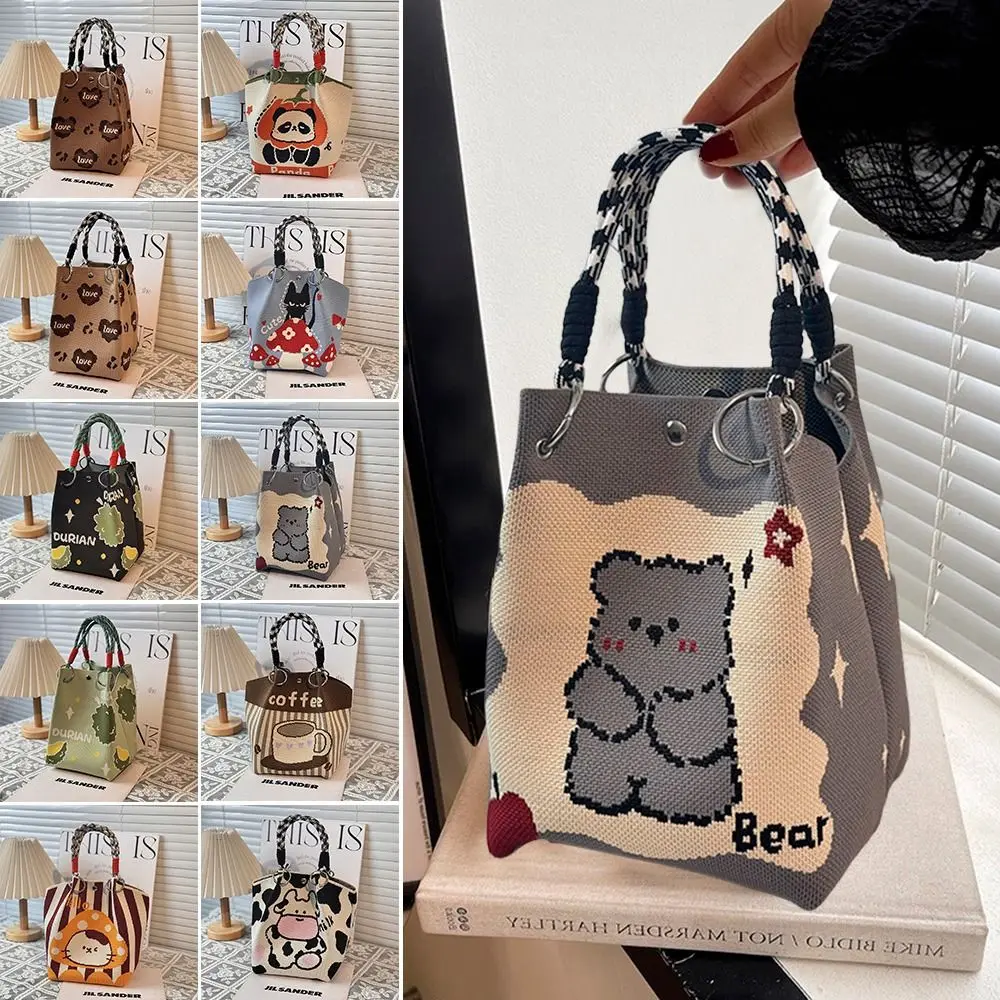 

Fashion Cartoon Knitted Bucket Bag Handmade Large Capacity Wrist Bag Woven Ring Buckle Tote Bag for Women Girls