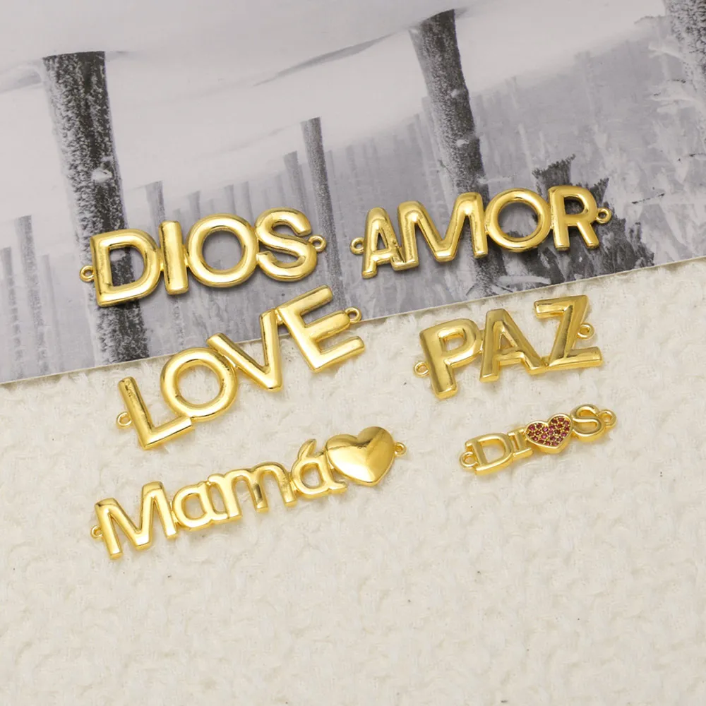 OCESRIO Amor Dios Love Letter Gold Plated Copper Crystal Connector Charms for Bracelet Necklace Jewelry Making DIY chma229