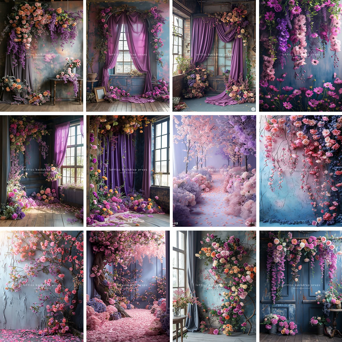 Purple Curtains Floral Windows Backdrops Kids Baby Photography Child Adult Photocall Decors Retro Classic Wall Backgrounds