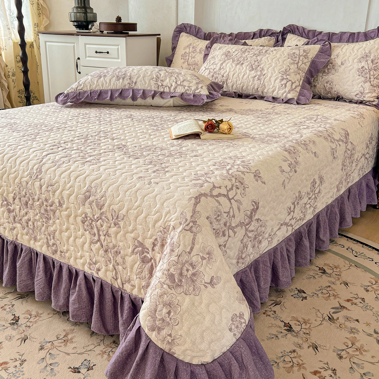 1pc Quilted Bedspread with Ruffles Thickened Flower Printed Bed Cover Queen/King Size Bedspreads Colchas Y Coverlets 침대 패드