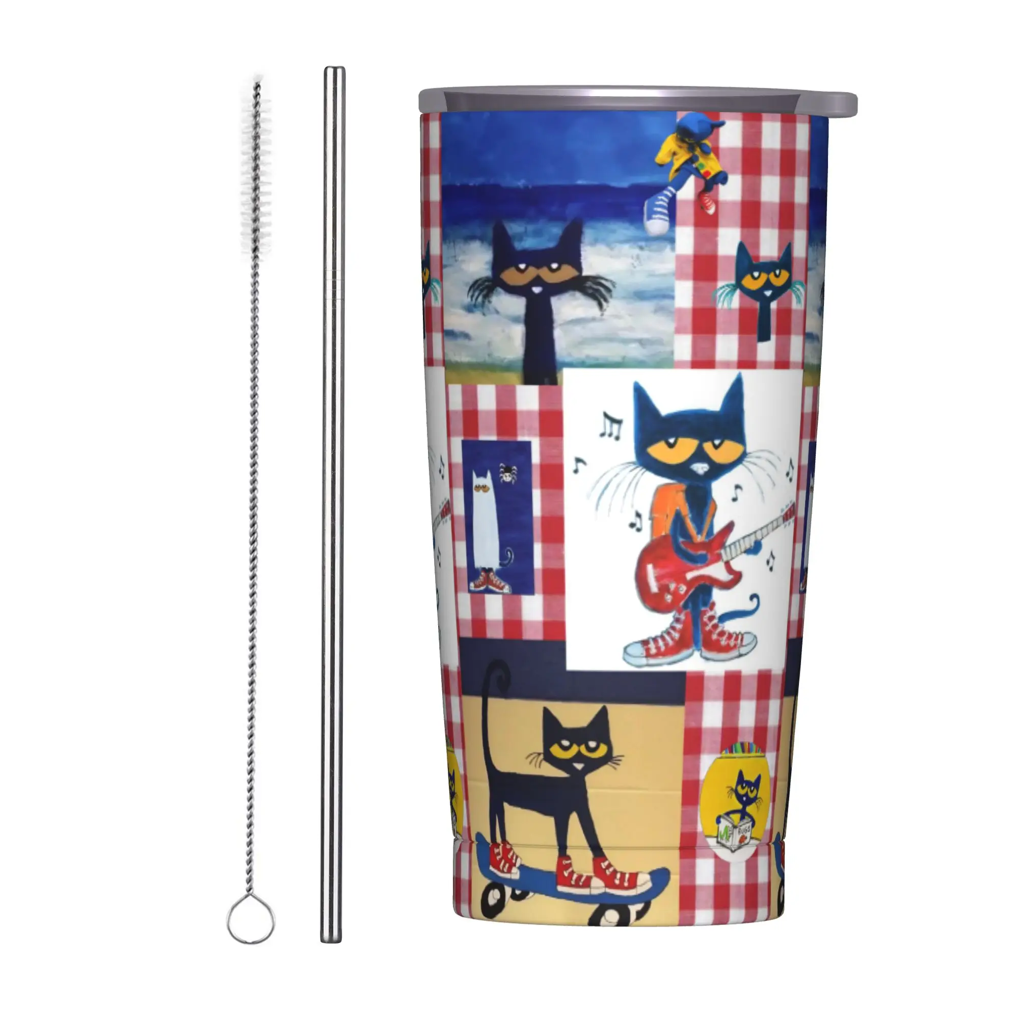 Pete The Cat Cartoon Collage Art Insulated Tumbler with Straws  Vacuum Thermal Mug Office Home  Bottle Cup, 20oz