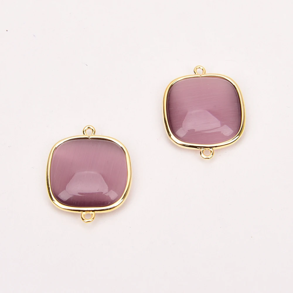 APDGG Wholesale 10 Pcs 20mm Purple Cat eye Crystal Yellow Gold Plated Edge Square Gems Connector Double Ring Jewelry Finding