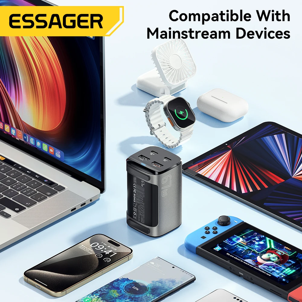 Essager 데스크탑 고속 충전 4.0, QC 3.0, PD C타입, 맥북, 삼성 POPC, 아이폰 15 노트북용, 67W USB C GaN 충전기