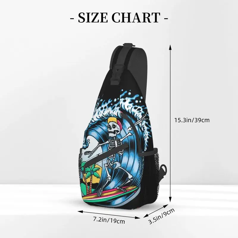 Bolsa de peito crossbody masculina, mochila casual de ombro, surfista, caveira, surf, caminhada, verão