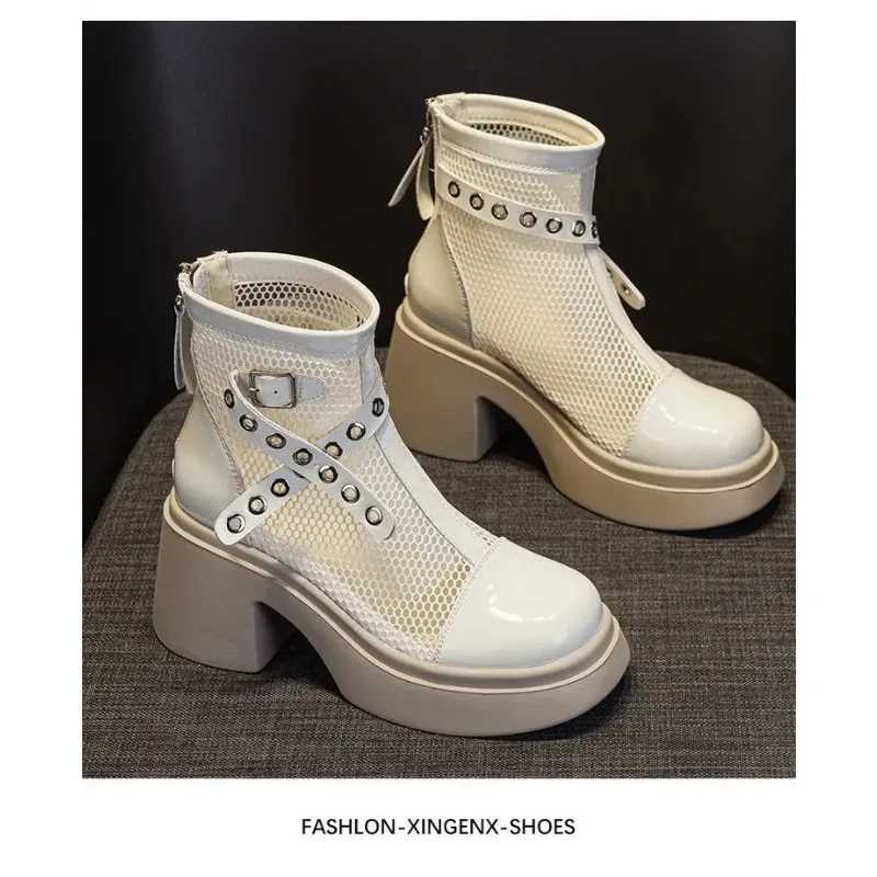 Mesh Platform Chunky Heel Back Zipper Breathable Comfortable Casual Summer Daily Shoes Starry Rivet Sandal Boots for Women