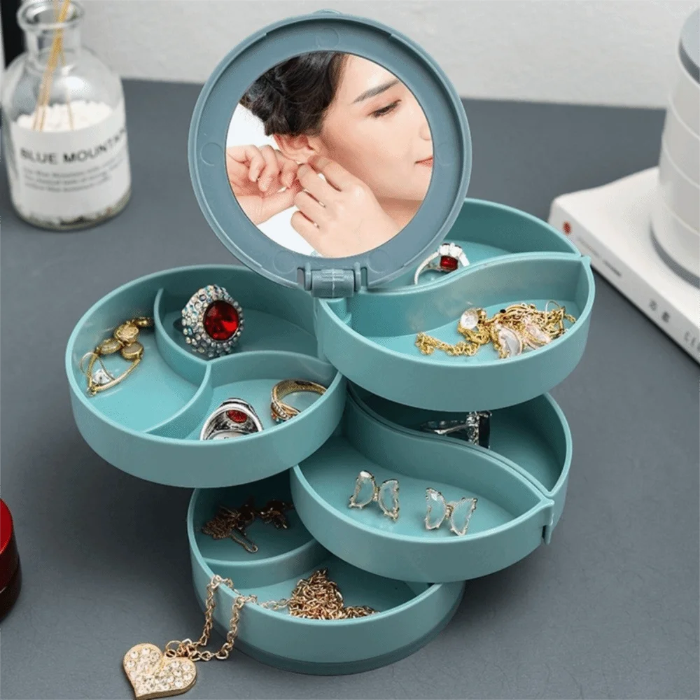 Multilayer Jewelry Stand Holder with Lid Display Tray Rotating Plastic Stand Dustproof with Mirror Earring Ring Box Necklace