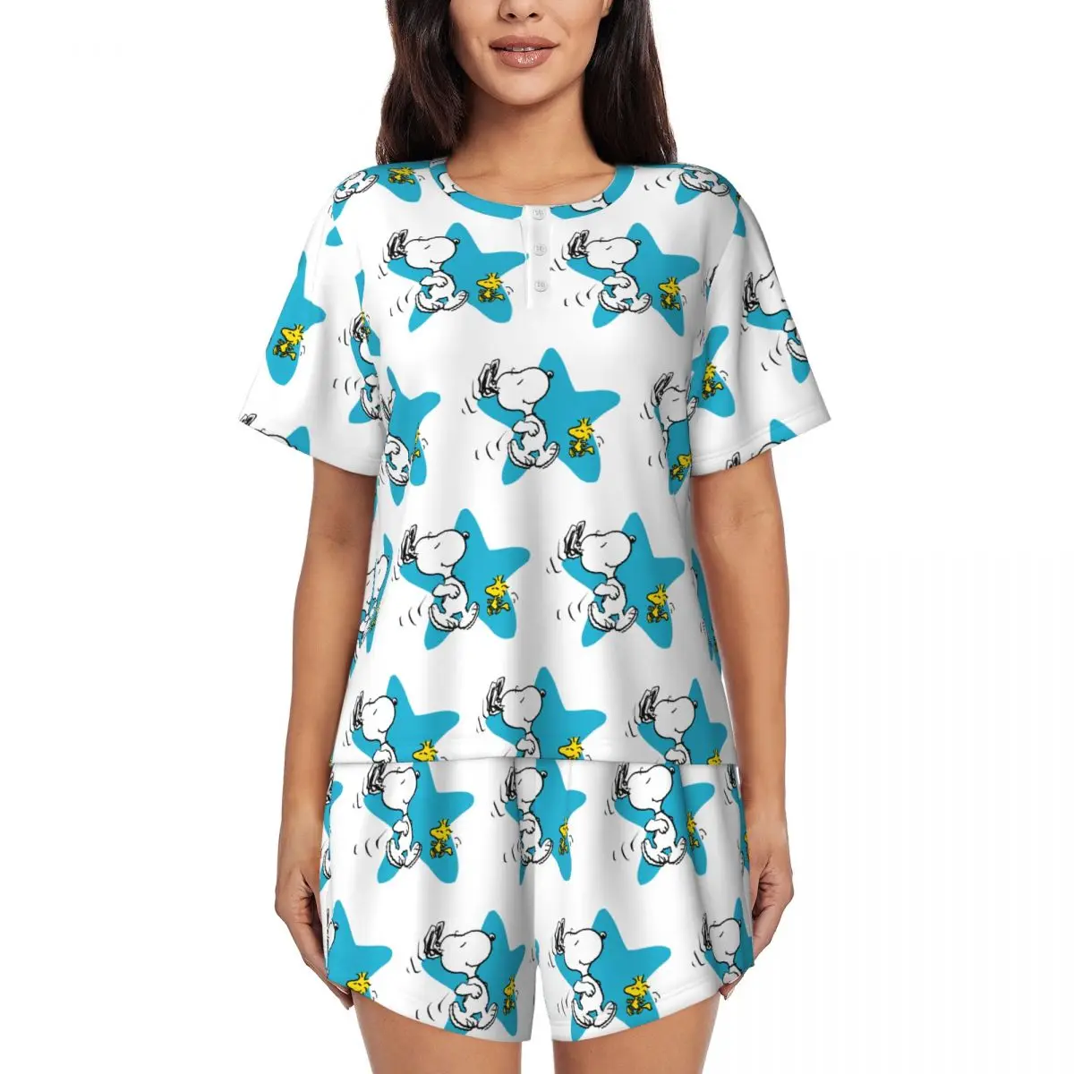 

Custom Manga Snoopy Woodstock Cartoon Dog Pajamas Set Women's 2 Piece Short Sleeve Sleepwear Loungewear PJ Shorts Sets