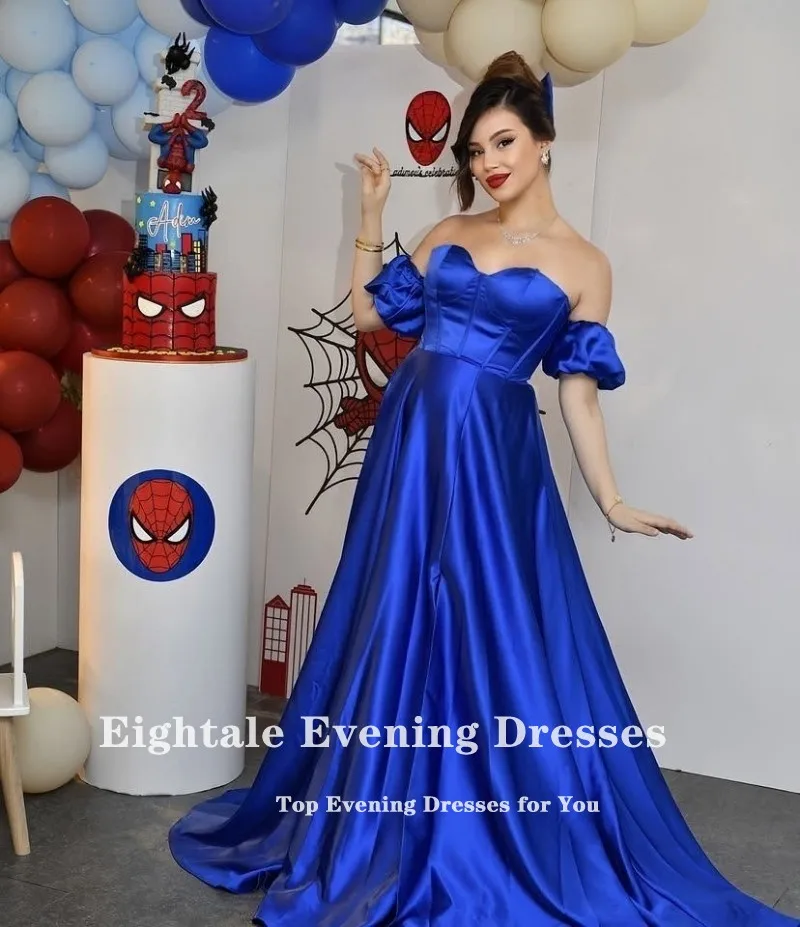 Eightale ROYAL BLUE ชุดราตรีที่กําหนดเองปิดไหล่แขนสั้น A-Line ซาตินชุดราตรีชุดแต่งงาน