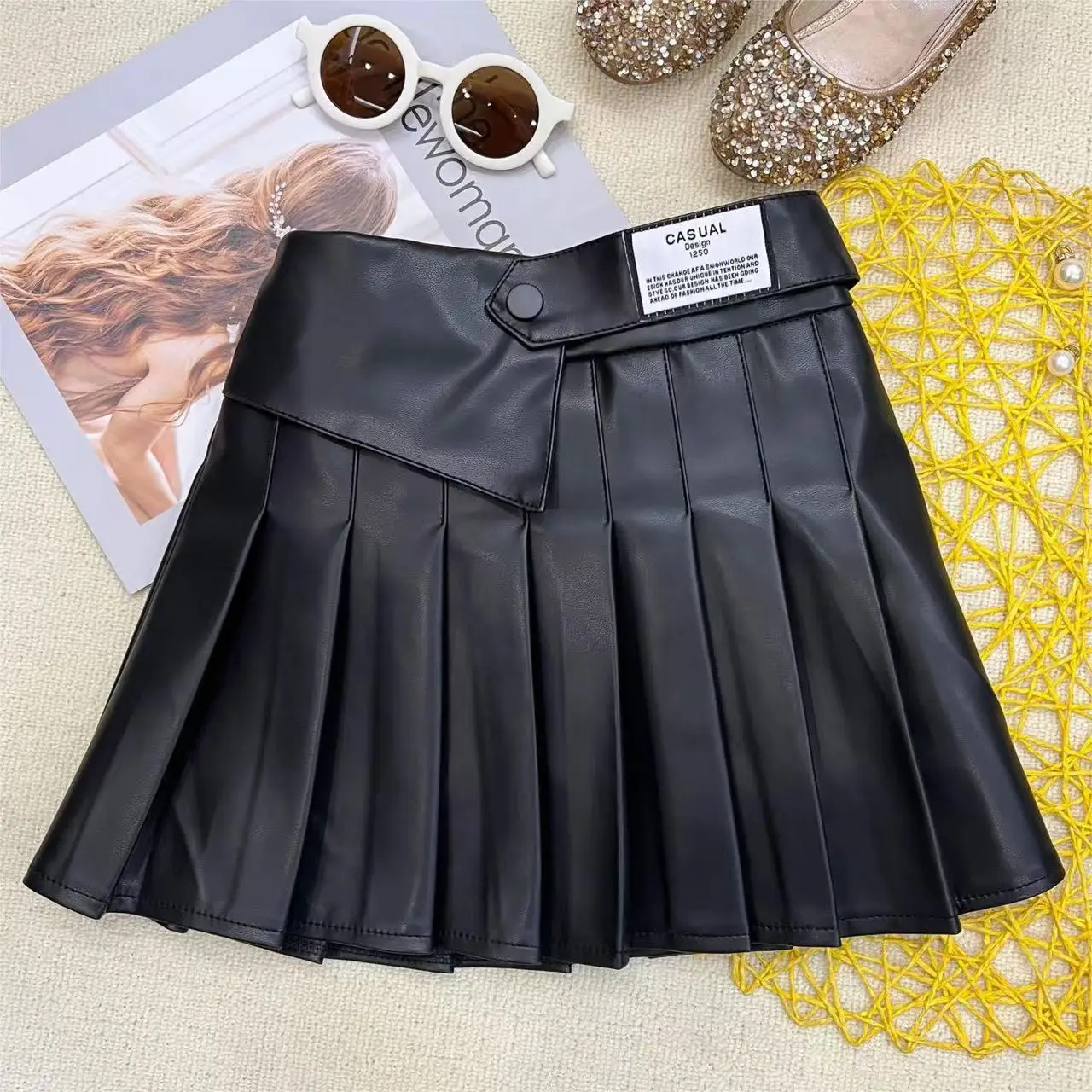 Girls Leather Skirt Spring and Autumn New Korean Style Stylish Versatile Flat Waist Pleated A-line Pleated Skirt Texture Fashion