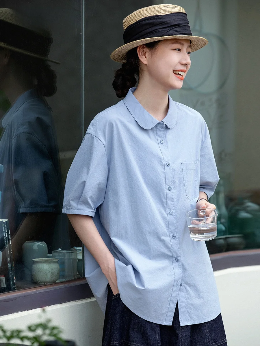 

Оригинальная женская рубашка в японском стиле, повседневная, светло-голубая, с воротником-стойкой, из чистого хлопка, летняя, тонкая, свободная, с коротким рукавом, дышащая