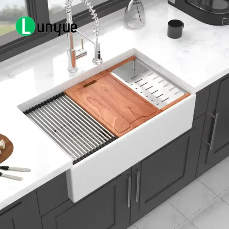 30x20 Inch Modern White Ceramic Single Bowl Kitchen Sink Apron Front Farmhouse Sink Set for Home Kitchen Renovation Durable