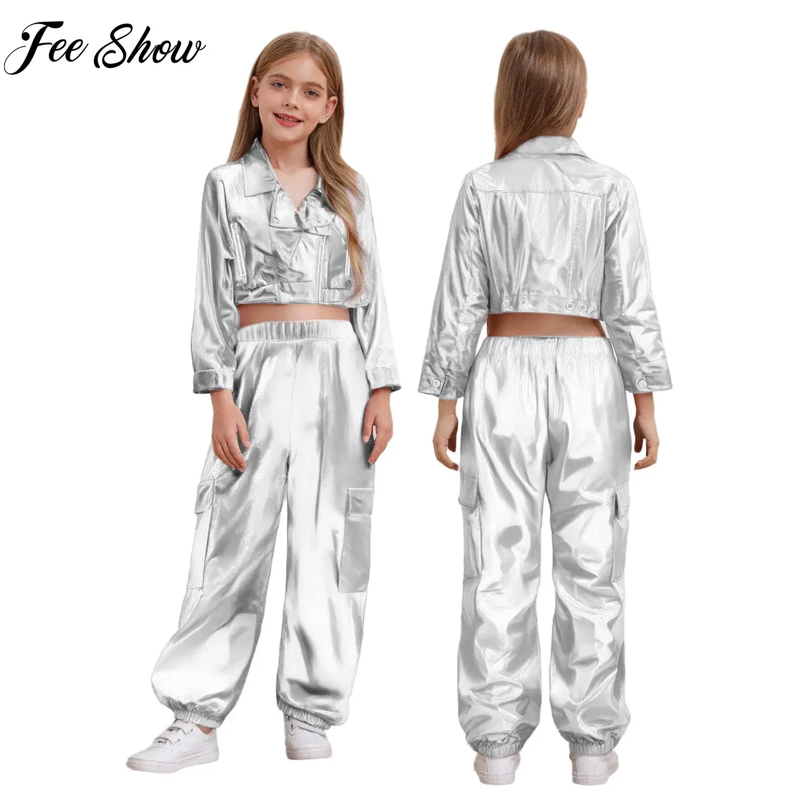 

2025 New Unisex Kids Motorcycle Style Hip-Hop Jazz Dance Performance Outfit Long Sleeve Zipper Jacket with Shiny Pants Dancewear