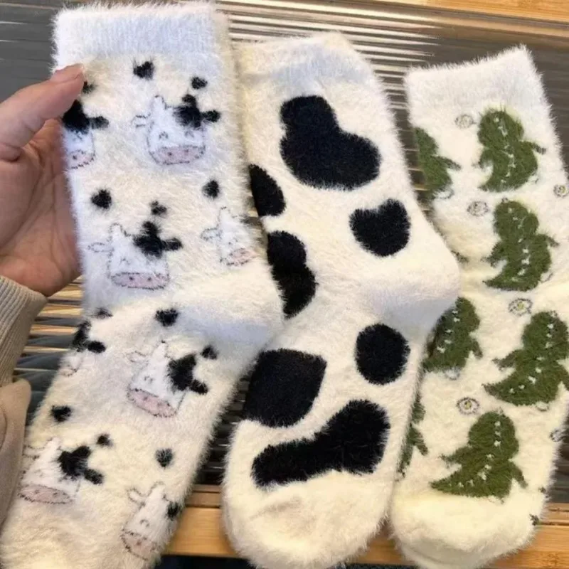 Cartoon Cute Cow Mink Velvet Socks Women Winter Soft Fleece Plush Warm Home Sleep Boot Socks Kawaii Y2K Furry Thermal Tube Sox