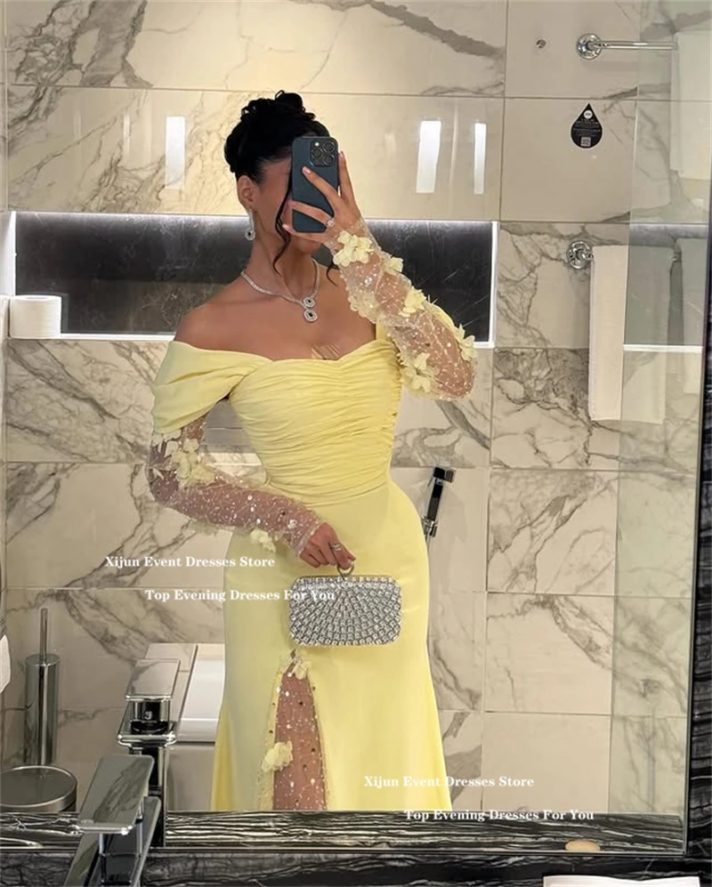 Xijun Yellow Luxury Mermaid Evening Dresses Saudi Arabric Flowers Beading Prom Dress  Off The Shoulder Long Prom Gown Customized image 4
