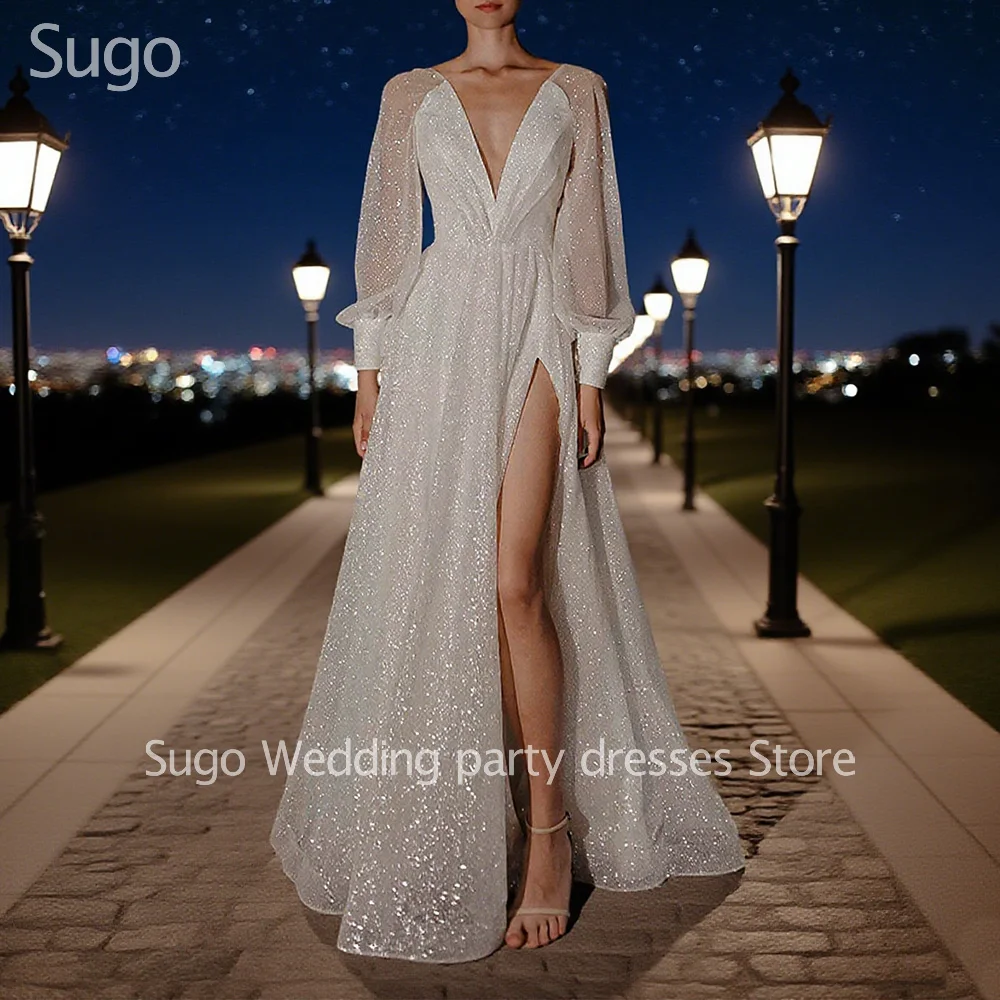 

Customized Sparkle Long Wedding Dresses Deep V-Neck Floor-Length Sweep Train Brides Dress Women Vestidos De Novias Gowns 2025