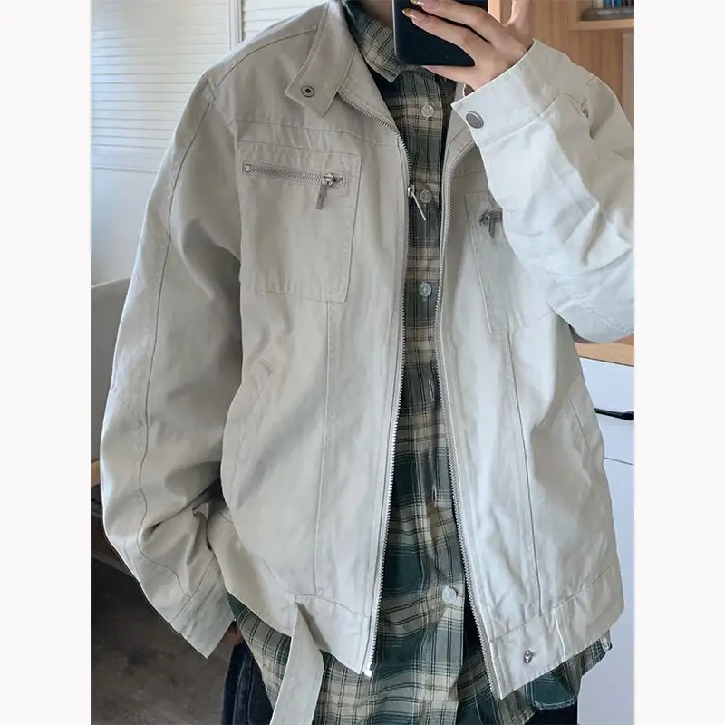 

American Sle ey White New Upade Jaet Spring Autumn Cleanfit Stand Collar Outerwear Cool Small ence High End Feeling