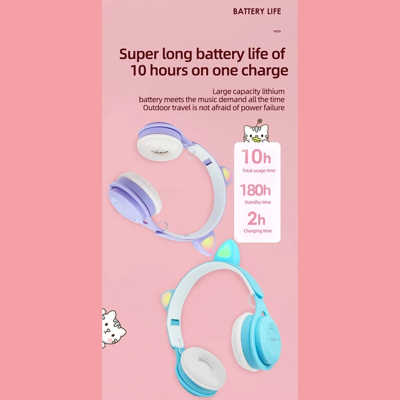 سماعات رأس للأطفال، سماعات أذن قطة بإضاءة LED ملونة، سماعة رأس بلوتوث 5.0، تدعم بطاقة TF