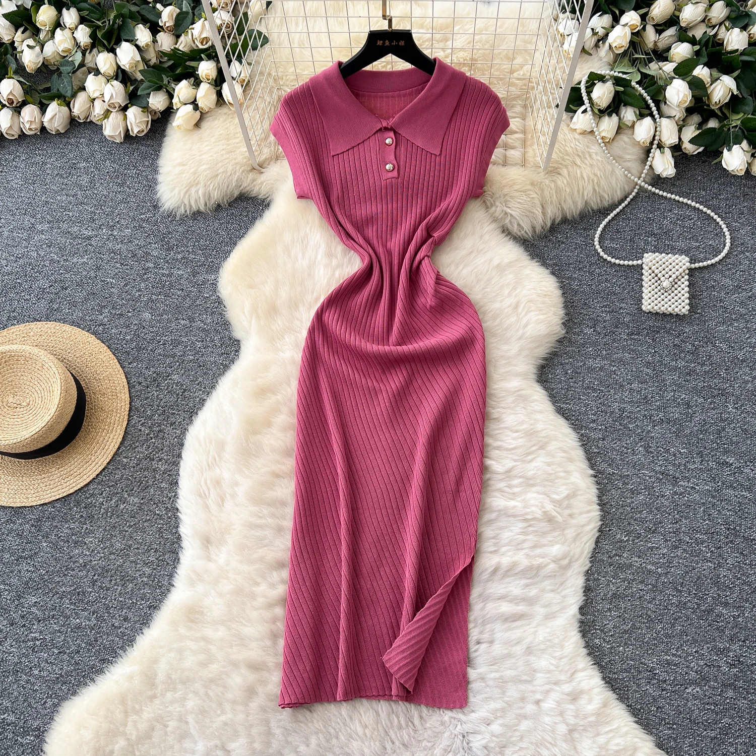 Schickes Vintage-Kurzarm-Strickknopf, schlank, elegante Fee, koreanische Mode, Boho-Sommerkleid, Damenbekleidung, langes Kleid