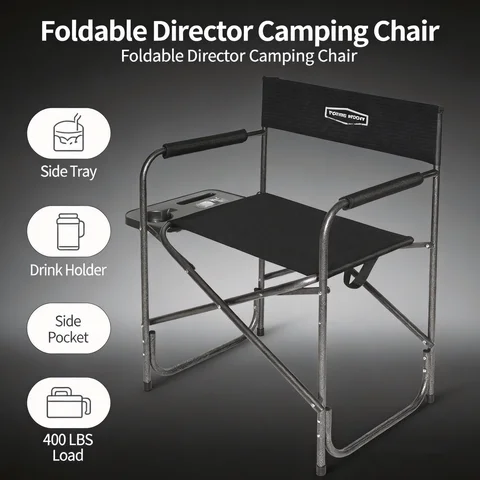 YOUNG WOOD Camping Directors Chair with Side Table, Foldable and Portable, Fishing,Trip,Picnic,Hike，Lawn,Sports,Beach,Outdoor