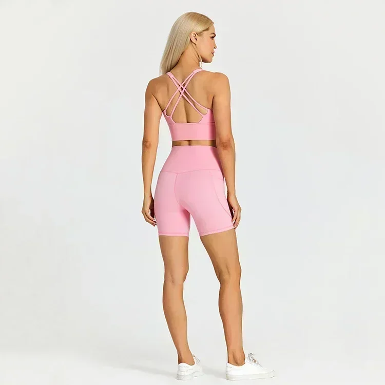 Ensemble de shorts de yoga à poches citron pour femme, tenue de sport 2 pièces imbibée de fitness, vêtements de sport, vêtements d'entraînement, tenue de course sportive