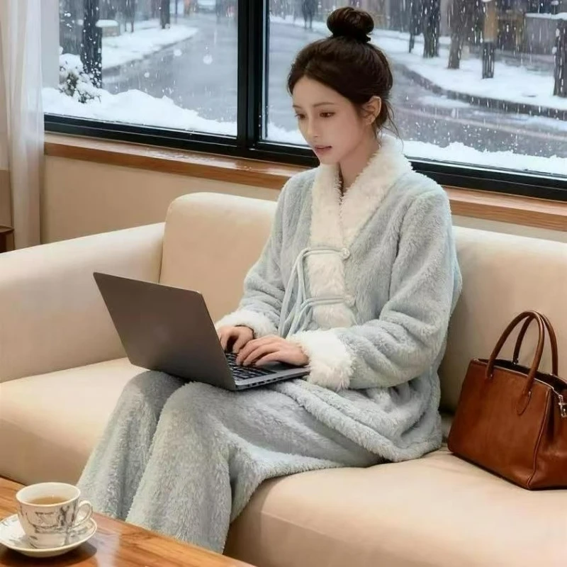 2026 خريف/شتاء جديد بيجامة من الصوف المرجاني للنساء جديد النمط الصيني الصوف وسميكة الدافئة مجموعات الحلو نمط ملابس المنزل #5