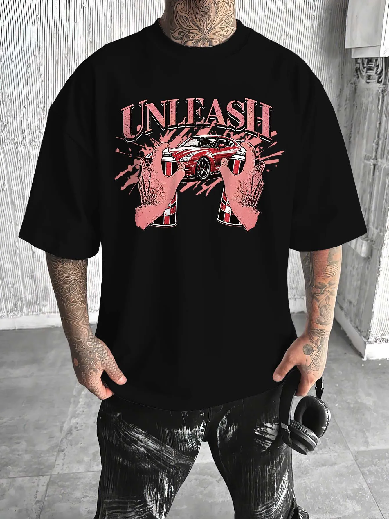 Men Graffiti Spray Can Sports Car Front Print Oversized T‑Shirt Polyester Loose Streetwear Short Sleeve Tee