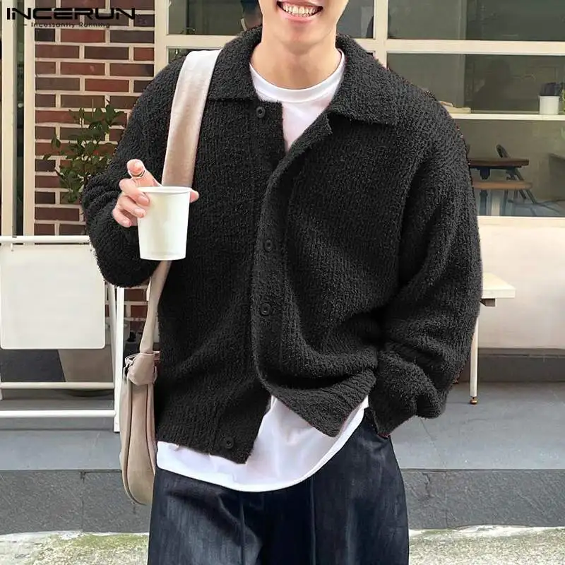 2024 Herren Strickjacke solide gestrickte Revers Langarm Knopf männliche Pullover Streetwear Mode lässig Männer Kleidung S-5XL Incerun