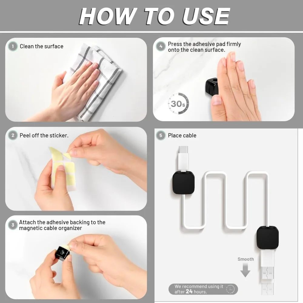 Magnetic Cable Clips for Cord Management: 12-Piece Desk, Car, Home, Office Organizer Holder view 3