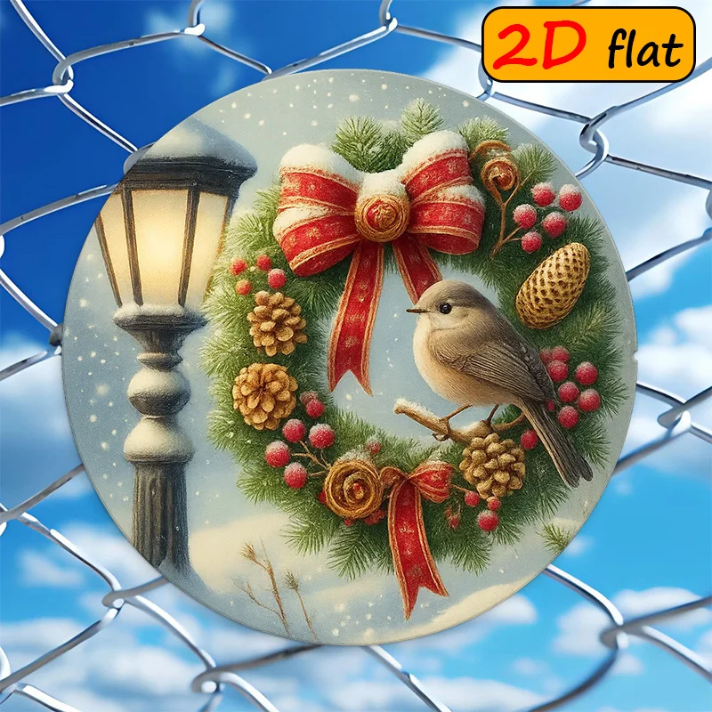 Christmas Winter Scene Aluminum Round Sign 20x20cm Snow Pine Wreath Bird Wall Decor  Gift For Home Dining Room Study