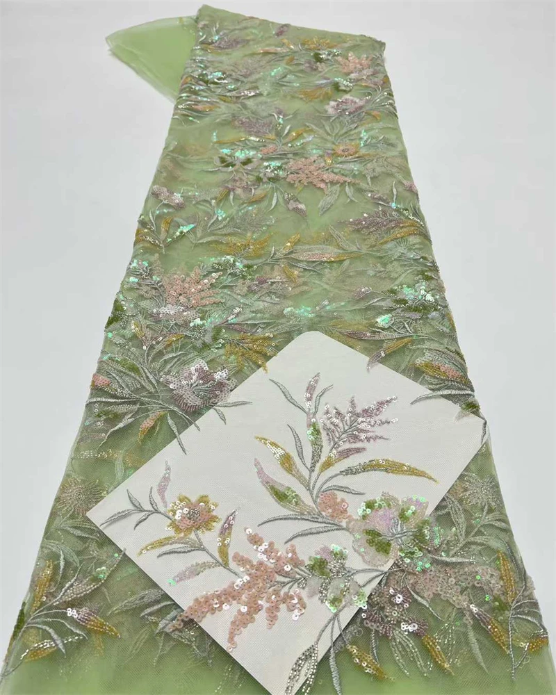 

High-Quality French Flower Lace Fabric with Sequins Nigerian Beads for Bridesmaid Dresses And Wedding Party Latest Design