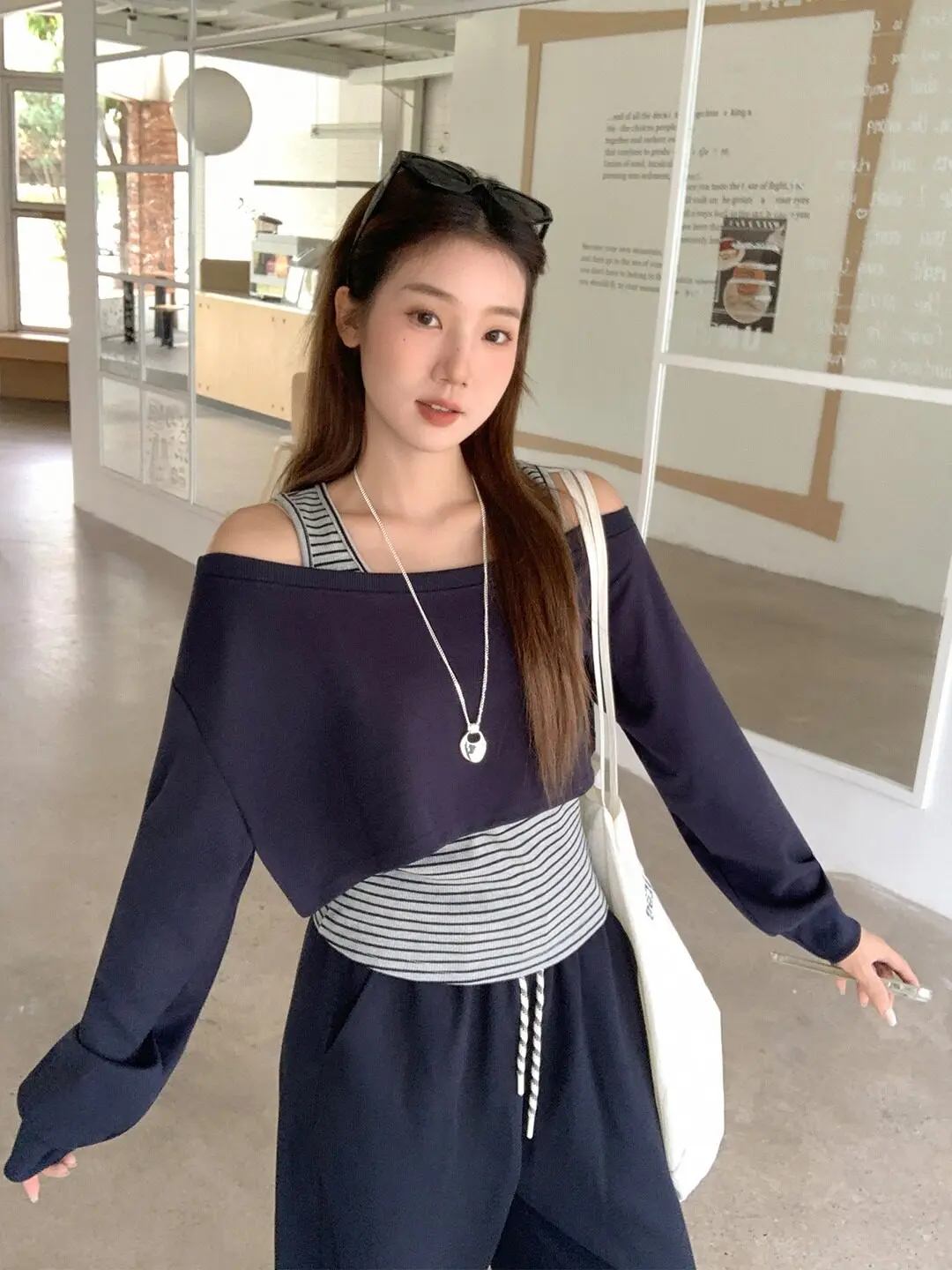 

Spring 2026 Lazy Style Diagonal Shoulder Sweatshirt Stripe Vest Two-Piece Set Women Elegant Design Unique Top Fashion Ensemble