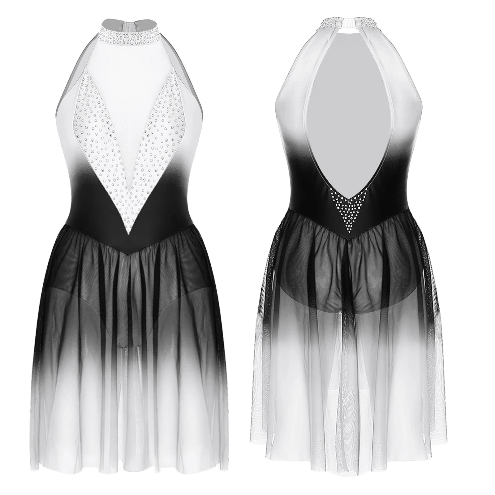 

Women Lyrical Patchwork Ballroom Modern Dance Dress Performance Halter Sleeveless Rhinestones Contemporary Dance Outfits