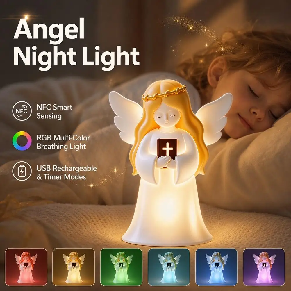 Angel Night Light RGB Color Changing Lamp NFC Smart Sensing USB Rechargeable Timer Silicone Bedside Lamp Kids Bedroom Decor Gift