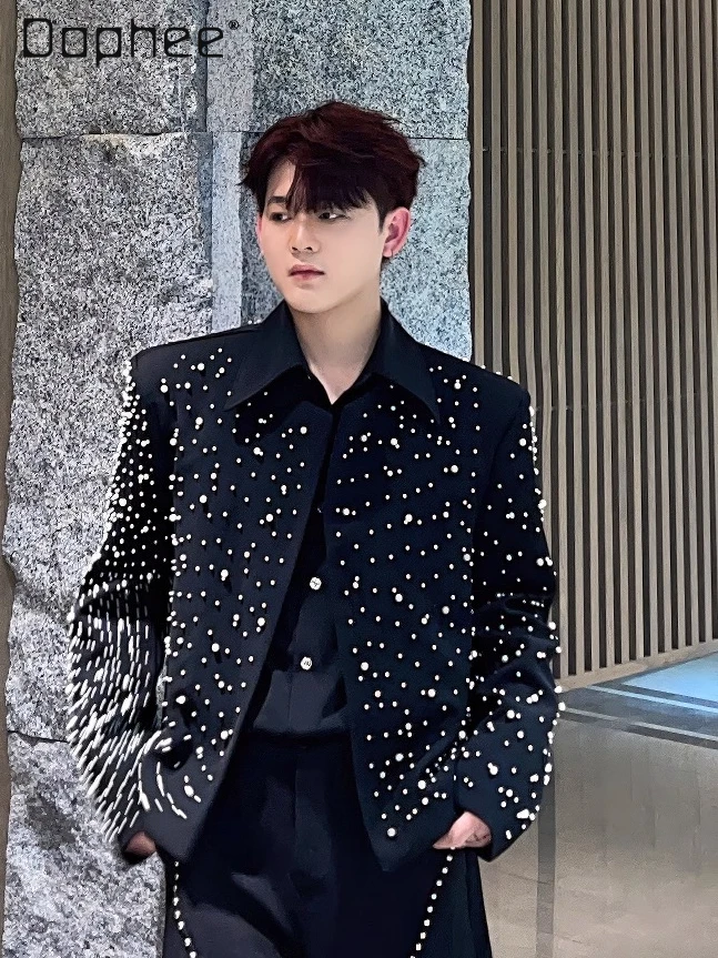 

Full Pearl Beaded Round Neck Mens Blazer Jacket High-End Fashion Black Short Blazer Men Clothing Light Luxury Trendy Loose Coats