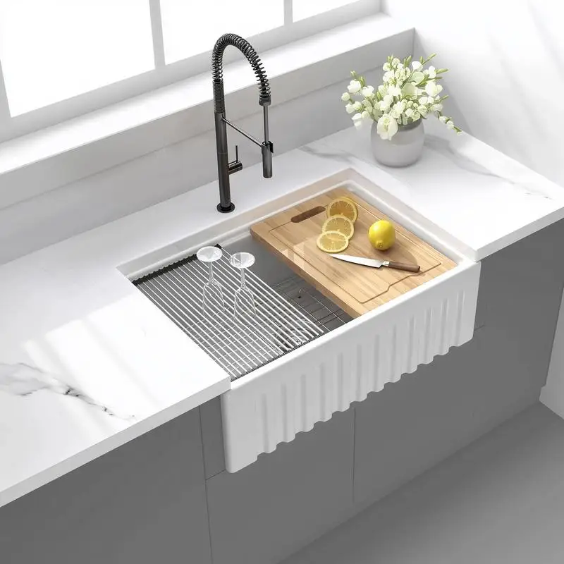 

30-Inch Farmhouse Sink - 30"x20" White Reversible Ceramic Apron Front Kitchen Sink, 10-Inch Deep Single Bowl with Ledge &
