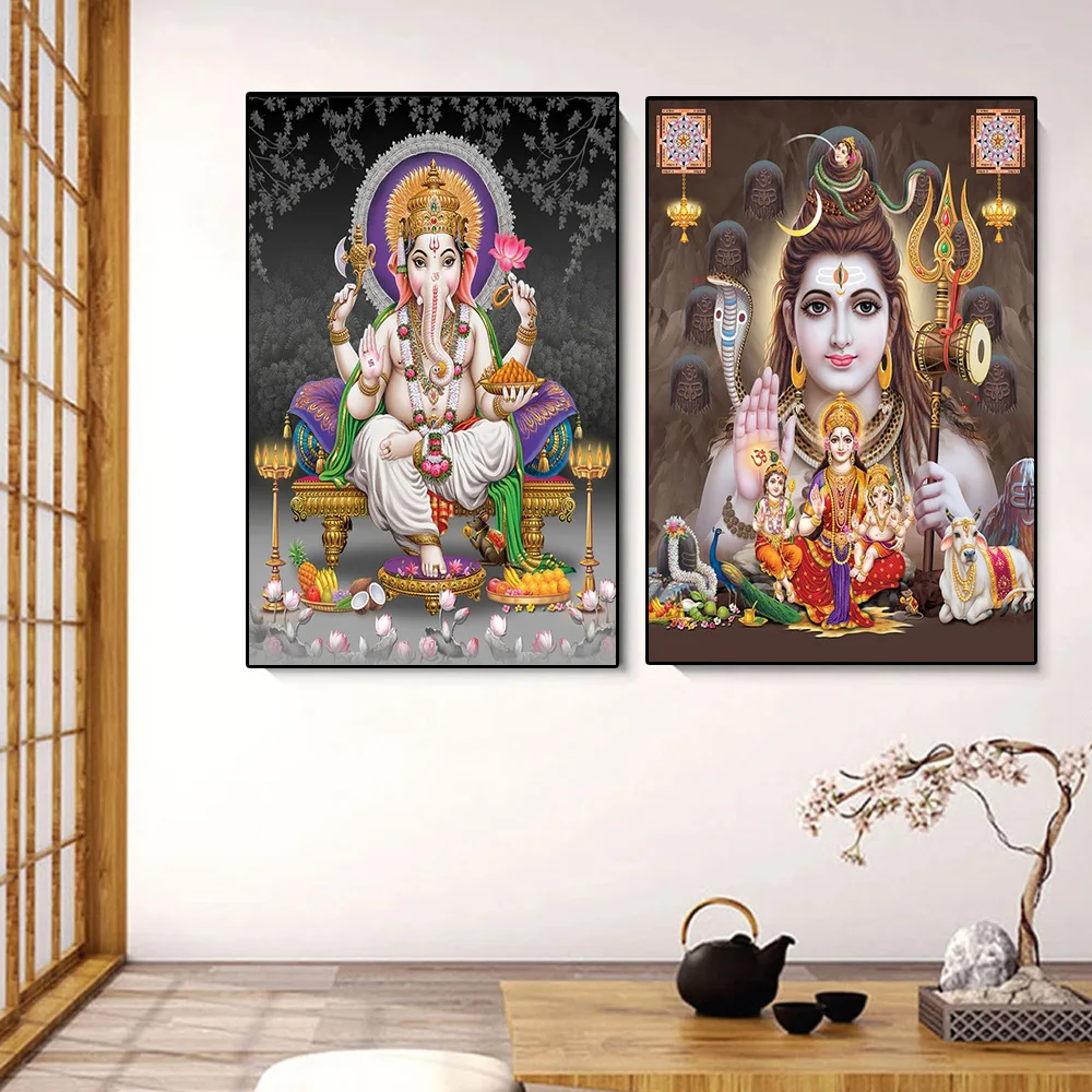 Elephant God India Religion Hindu Gold Ganesha Temple Painting Canvas Hinduism Poster Print Art Mural Living Room Decor Pictures