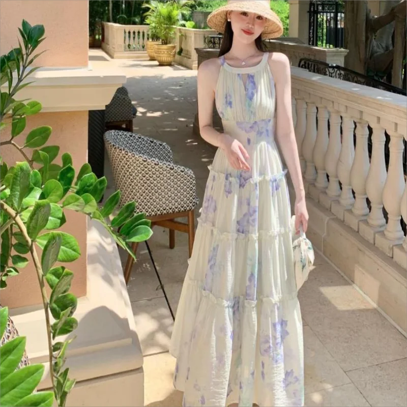 Robe de plage française élégante pour femmes, imprimé floral, style Boho, longue, taille haute, à volants, été