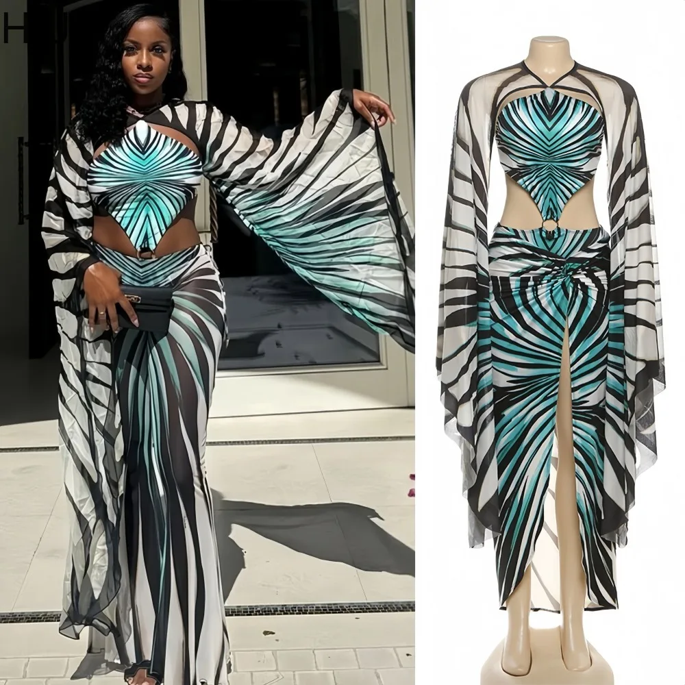 

HLJ Sexy Woman 2 Piece Set Outfit Striped Printting Irregular Sleeve Rompers and Skirt Matching Female Swimsuit Beachwear 2025